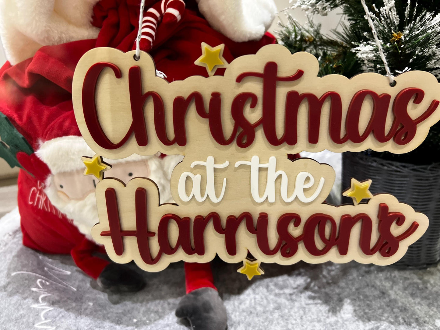 Personalised Wooden Christmas at the Surname Sign - Natural Plywood & Colour Acrylic - Wreath name sign