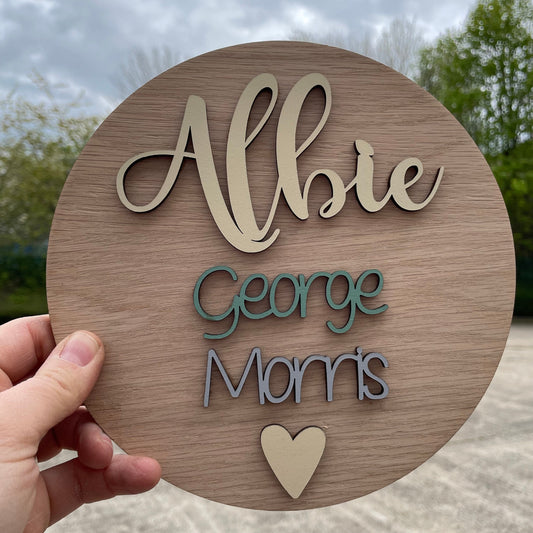 Birth Name announcement Wall Sign in Oak veneer - personalisation in any colour and name Hello World My name is