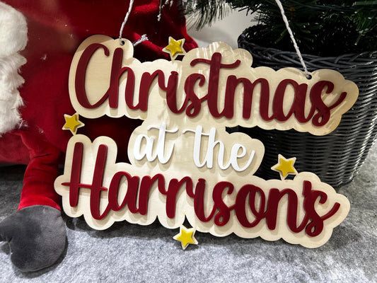 Personalised Wooden Christmas at the Surname Sign - Natural Plywood & Colour Acrylic - Wreath name sign